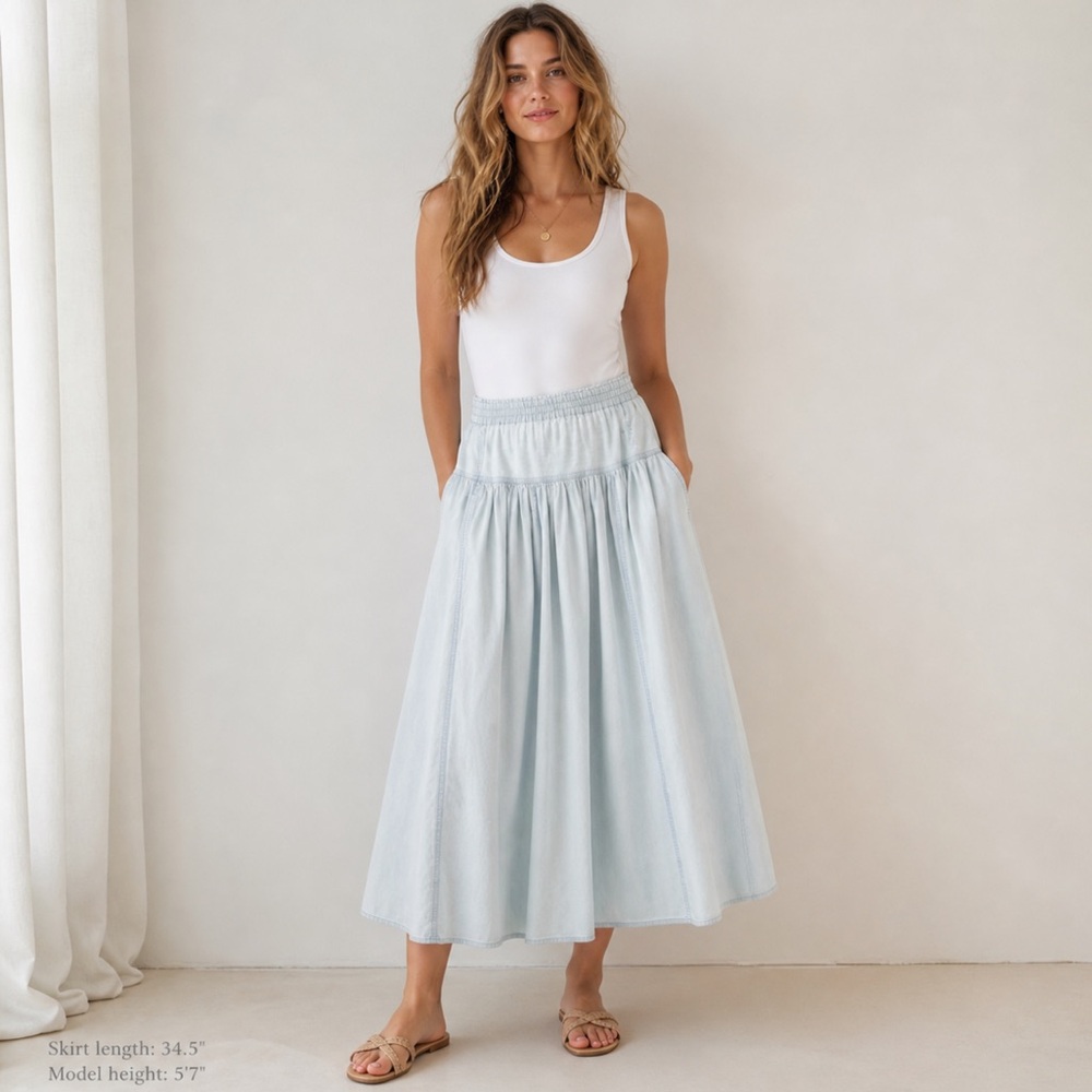Jones New York Sport Light Blue Cotton Midi Skirt Gathered Waist Full Pleated M